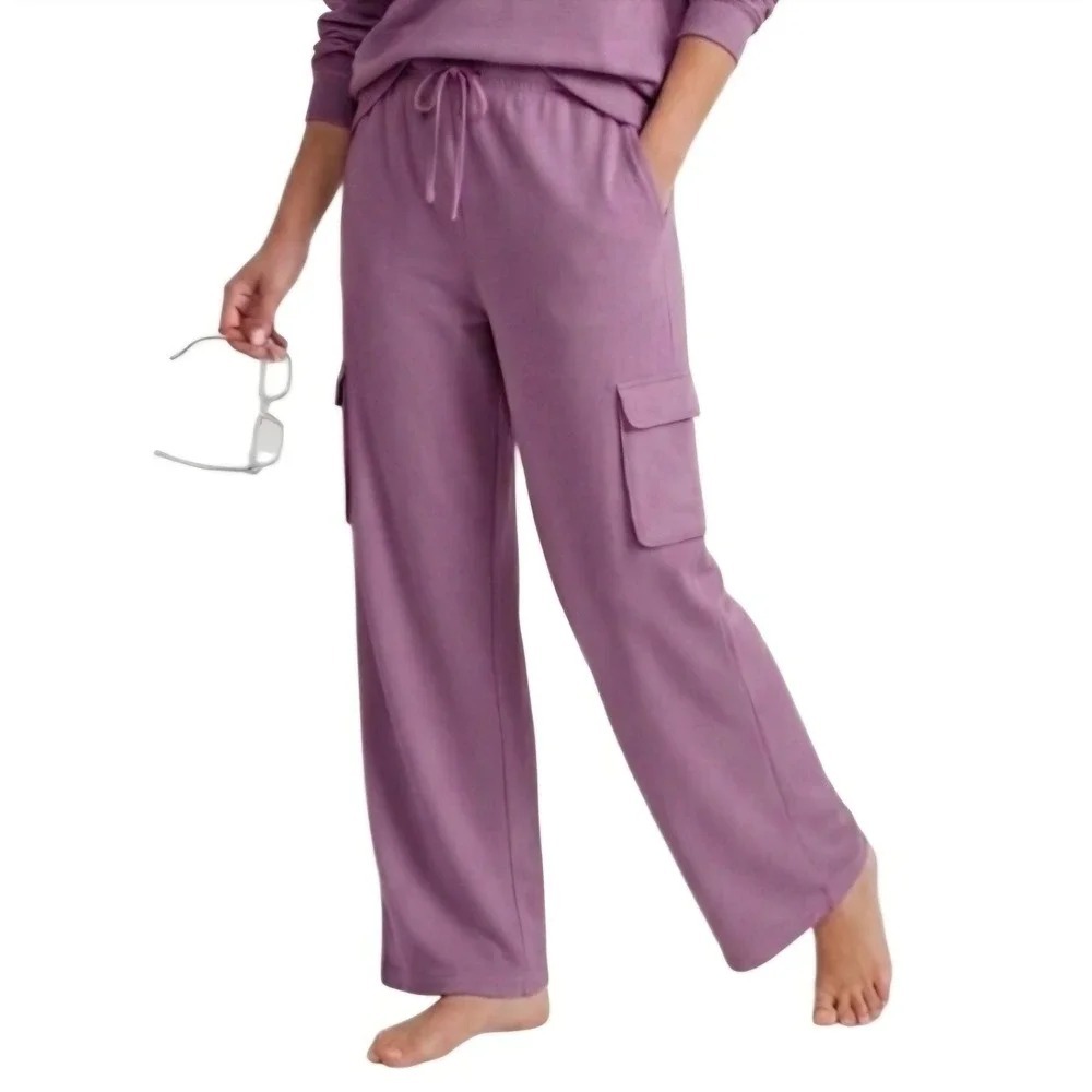 State of Day Womens XXL Lounge High-Rise Fleece Cargo Sweatpants in Purple 231